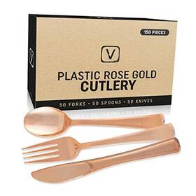 Visum Ent 750258667707 150 Pcs Sturdy Rose Gold Silverware Set Plastic For