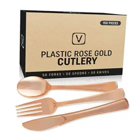 Visum Ent 750258667707 150 Pcs Sturdy Rose Gold Silverware Set Plastic For