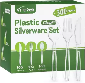 Vitever 445038129133 300 Count Heavy Duty Clear Plastic Silverware 100 Forks Sp