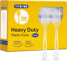 Vitever 705353043765 100 Count Clear Plastic Forks Heavy Duty Premium Disposable Durable