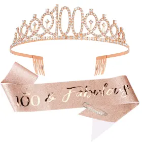 Ef-6076123 Vovii 100th Birthday Sash And Tiara Rose Gold Gifts For Women