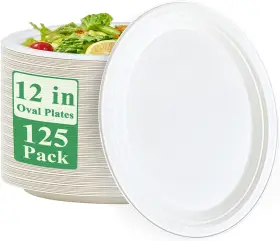 Vplus 313114743771 100% Compostable Oval Paper Plates 12 Inch 125 Pack Super Strong Disposabl
