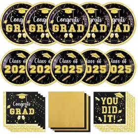 Wakeys 607601432607 2025 Graduation Party Supplies Tableware Set 200 Pcs Black And Gold Graduati
