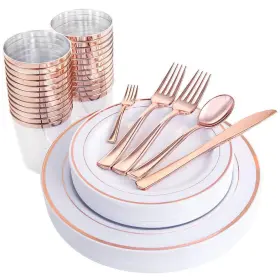 25guest Wdf 664111749656 Disposable Rose Gold Plastic Dinnerware Set - Plates 25 D Inch