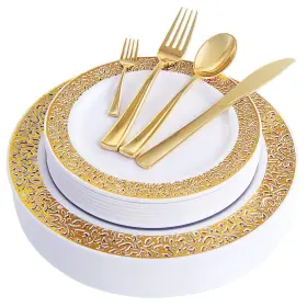 Wdf 664111749816 150 Platos De Plastico Dorados Con Cubiertos Desechables Accion