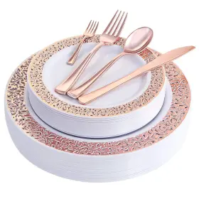 Wdf 664111749908 150pcs Rose Gold Plastic Plates With Disposable Silverware Lace D