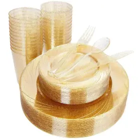 Wdf 664111750768 150pcs Gold Glitter Plastic Plates With Silverware Pla