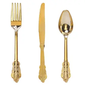Wdf 664111752045 300 Pieces Gold Plastic Silverware Disposable - Heavy Duty Cutlery