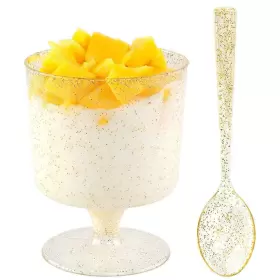Wdf 664111752427 96 Gold Glitter Dessert Cups And Spoons - 48 Goblets 7oz