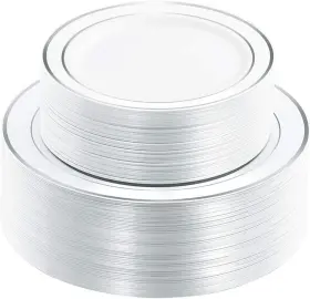 B07lg9rg19 Wdf 120pcs Plastic Plates White Silver Rim -