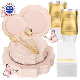 Wdf Edc175 Plastic Plates 175pcs Pink Disposable Dinnerware For Tea Party Baby Shower Gold