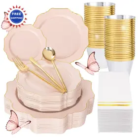 Edc175 Wdf Plastic Plates 175pcs Pink Disposable Dinnerware For Tea Party Baby Shower Gold