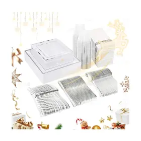 Es00 Wdf 50 Guest Christmas Silver Plastic Plates With Disposable Cutlery&