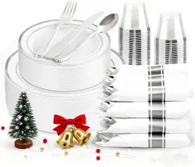 Et175 Wdf Partyware 313037655632 175pcs Sliver Plastic Plates - Christmas Disposable White Plate With Si