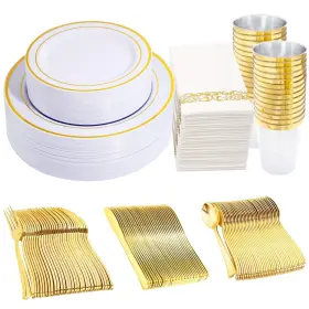 Wdf Partyware 778601613522 350 Pieces White And Gold Plastic Plates - 50 Guest Disposable Dinnerware Set