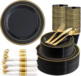 Wdf Partyware 800482665496 350 Pieces Black And Gold Plastic Plates With Disposable Silverware