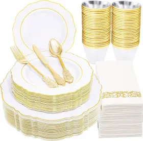 Wdf Partyware 800689596289 350 Pieces Gold Disposable Plates For 50 Guests Plastic Party Set