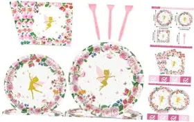 Wp0876 Weipus 96pcs Tableware Set Girls Pink Floral Fairies Dessert Disposable Paper Fairy