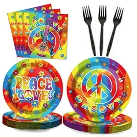 Wp0886 Weipus 96 Pcs 60 S Party Hippie Tableware Set Groovy Plates Napkins 60s