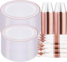 Wellife 313047989963 350 Pieces Rose Gold Plastic Dinnerware 50 Guests Disposable Plates Wit