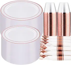 Wellife 313047989963 350 Pieces Rose Gold Plastic Dinnerware 50 Guests Disposable Plates Wit