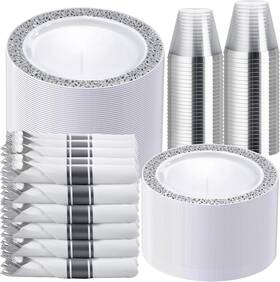 Wellife 313057146127 350 Pieces Silver Disposable Plastic Dinnerware Includes 50 Dinner Plat