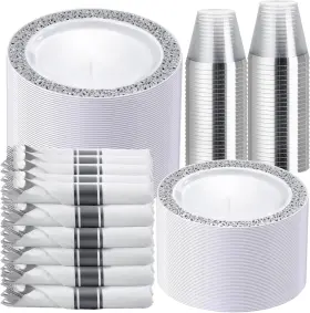 Wellife 313057146127 350 Pieces Silver Disposable Plastic Dinnerware Includes 50 Dinner Plat
