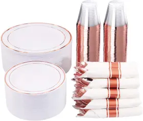 Wellife 445000349361 350 Pieces Rose Gold Plastic Dinnerware 50 Guests Disposable Plates Wit