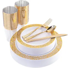 Wellife 664111764468 175 Pcs Gold Plastic Plates Rim Dinnerware Set Includes 25 Di