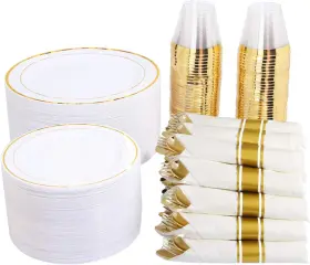 Wellife 689992268591 350 Pieces Gold Plastic Plates - Disposable Silverware And Cups 50 9