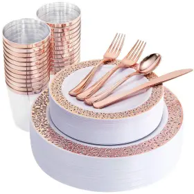 Wellife 751474537508 175 Pieces Rose Gold Plastic Platesrose Dinnerware Set Include 25 Dinner P