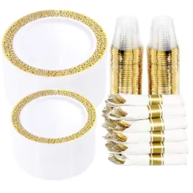 Wellife 779139575559 350 Pieces Gold Plastic Dinnerware Disposable Lace Plates Include