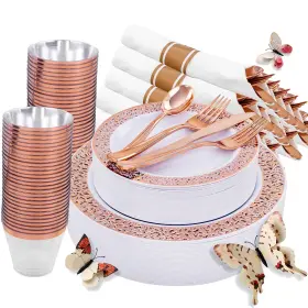 Wellife 779207170976 350 Pieces Valentines Rose Gold Plastic Dinnerware Disposable G