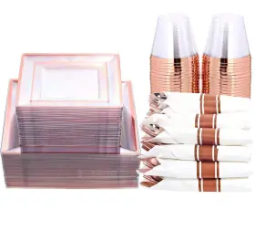 Wellife 779776795846 350 Pcs Valentines Rose Gold Square Plastic Plates Disposable Dinnerwa