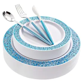 Wellife 779880444159 120 Pcs Blue Plastic Plates Silver Cutlery With Handle Party In