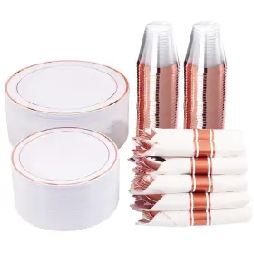 Wellife 787794930521 350 Pieces Valentines Rose Gold Plastic Dinnerware 50 Guests Disposable Plat