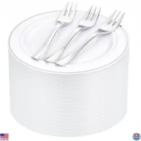 B0817mz177 Wellife 240pcs Silver Plastic Dessert Plates And Forks - 6.3 Inch For Weddings Parties