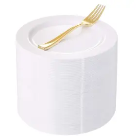 B0828y8sj6 Wellife 100pcs White Plastic Dessert Plates And Gold Disposable Forks