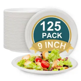 Wgcc 797427528742 Paper Plates 9 Inch 125 Count 100% Compostable Disposable Heavy Dut