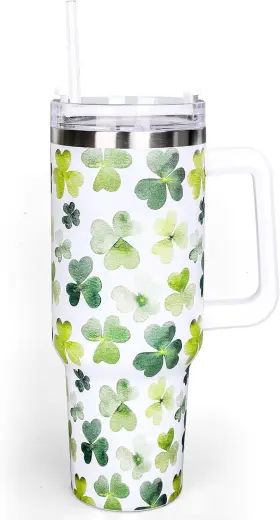 W15553 Whaline 40oz St. Patricks Day Tumbler With Handle Straw And Lid Watercolor Shamrock Tra