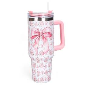 Whaline W16194 40 Oz Pink Bow Floral Tumbler With Handle Straw Ounces White