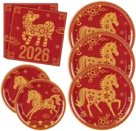 W18007 Whaline 72 Pcs 2026 Chinese New Year Tableware Supplies Kit Red 9 Inch