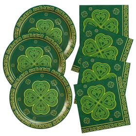 Whaline W18906 48 Pcs St. Patricks Day Tableware Sets 9 Inch Shamrock Clover Disposable Paper
