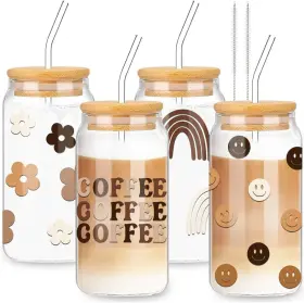 W5747 Whaline Drinking Glasses With Bamboo Lids And Glass Straw 1 Beige Brown