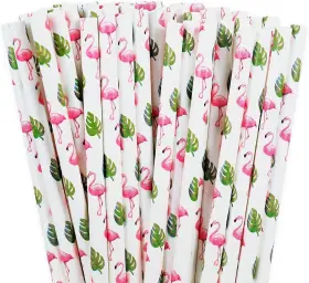 W7588 Whaline 100pcs Summer Paper Straws Flamingo Tropical Leaves One Size White