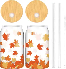 W8478 Whaline 2 Pack Fall Drinking Glasses 16oz Maple Leaf Glass Cup Yellow Orange