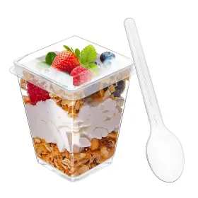 Wiaregom 731235883099 50pack 5oz Square Plastic Dessert Cups With Lids And Spoons Clear Parfait App