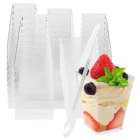 Wiaregom 739722189938 50pack 5oz Square Plastic Dessert Cups With Spoonsclear Parfait Appetizer F
