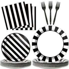 Cw0140 Wifunue 96 Pcs Black And White Party Plates Napkins Striped Dinnerware Set Whi