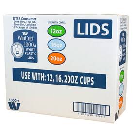 Wincup 497527 Plastic Lids For 12-20 Oz Foam Cups Tear Tab Straw Slot 1000 Count